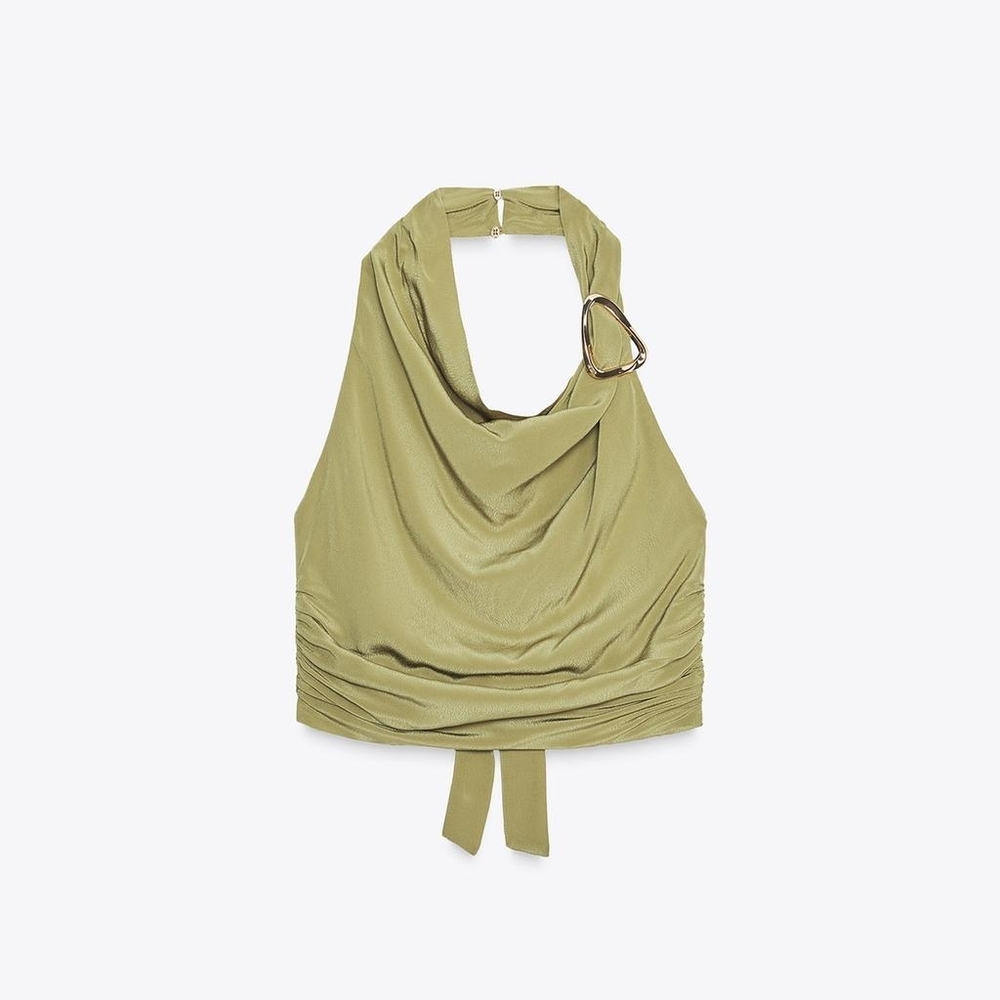 Zara Set Halter Top Tie Back Sz M+ cuffed balloon pants Sz L light khaki Nwt - Picture 13 of 14